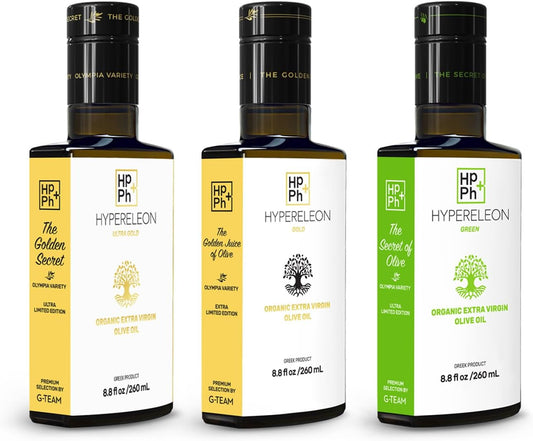 HYPERELEON Master Pack | Green + Gold + Ultra Gold | Premium, Organic, Extremely High Phenolic, Greek Extra Virgin Olive Oil 100% Pure & Natural | Bio & Unfiltered | 86 Top INTERNATIONAL HEALTH Awards | 3 x 260ml