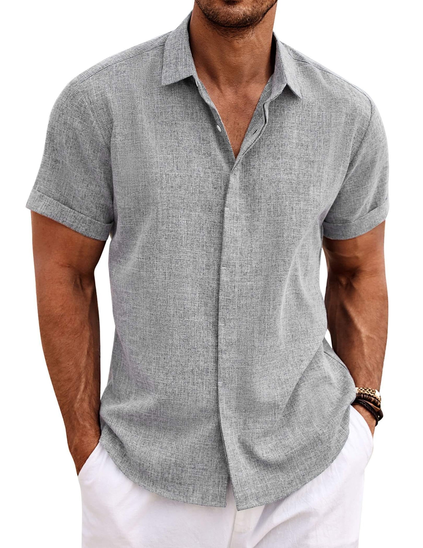 COOFANDY Men's Linen Shirts Short Sleeve Casual Shirts Button Down Shirt for Men Beach Summer Wedding Shirt