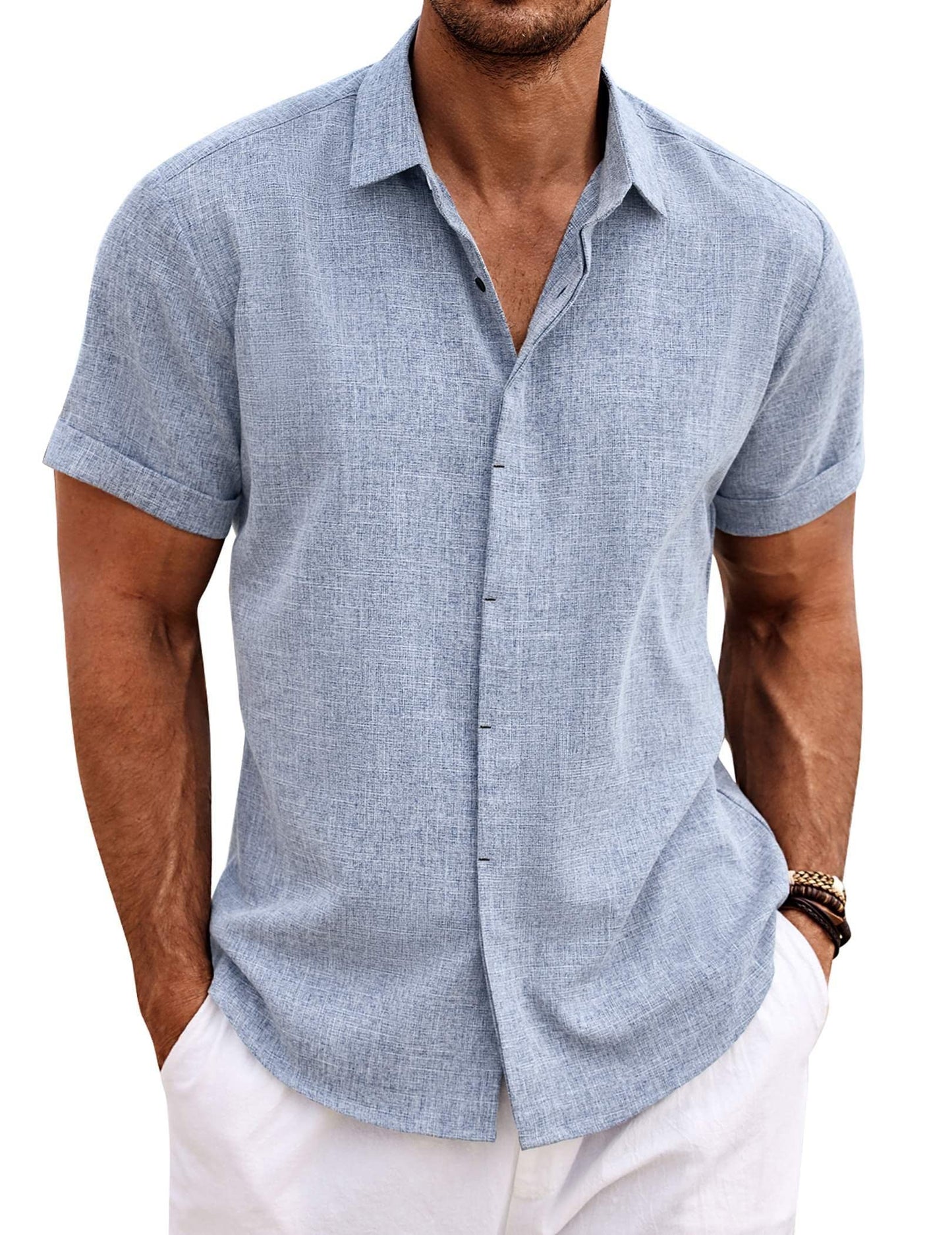 COOFANDY Men's Linen Shirts Short Sleeve Casual Shirts Button Down Shirt for Men Beach Summer Wedding Shirt